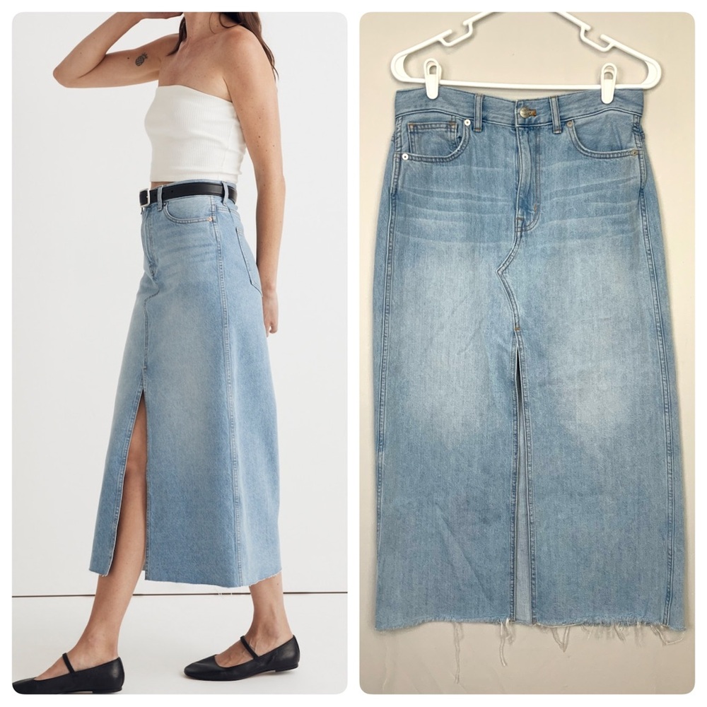 Madewell Sz 27 Denim Blue Jean Merrimon Wash Front Slit Midi Maxi Skirt Raw Hem